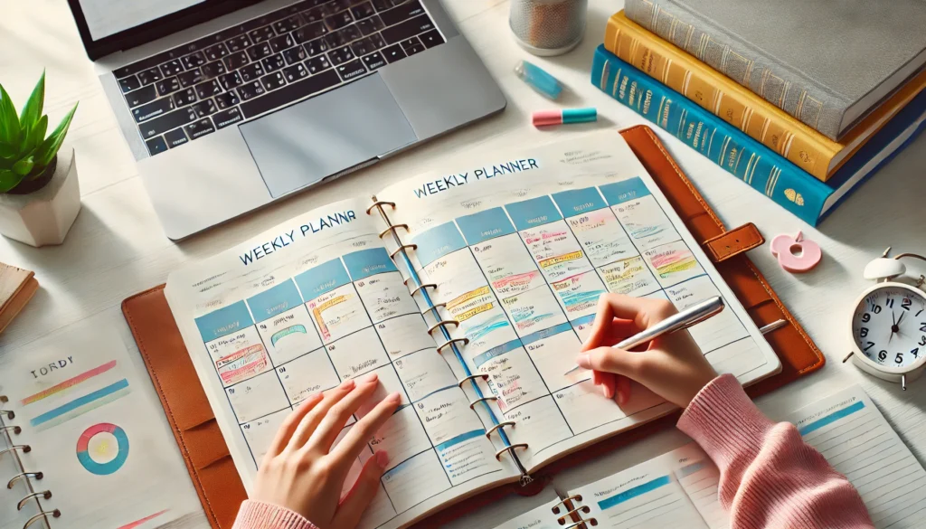 Example of a weekly planner, demonstrating how to manage time as a university student effectively.