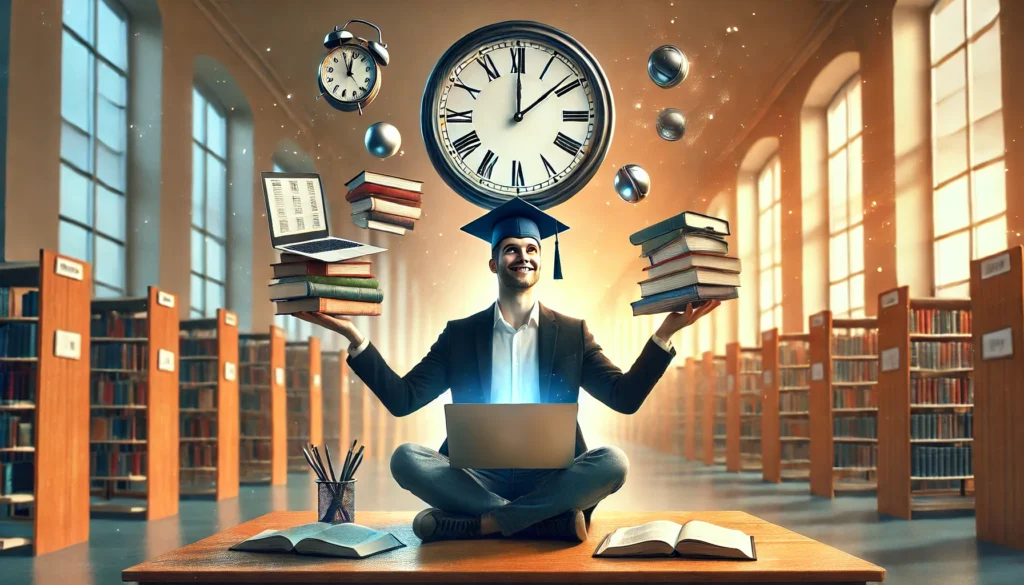 University student successfully juggling books, laptop, and clock, symbolizing effective time management and study skills